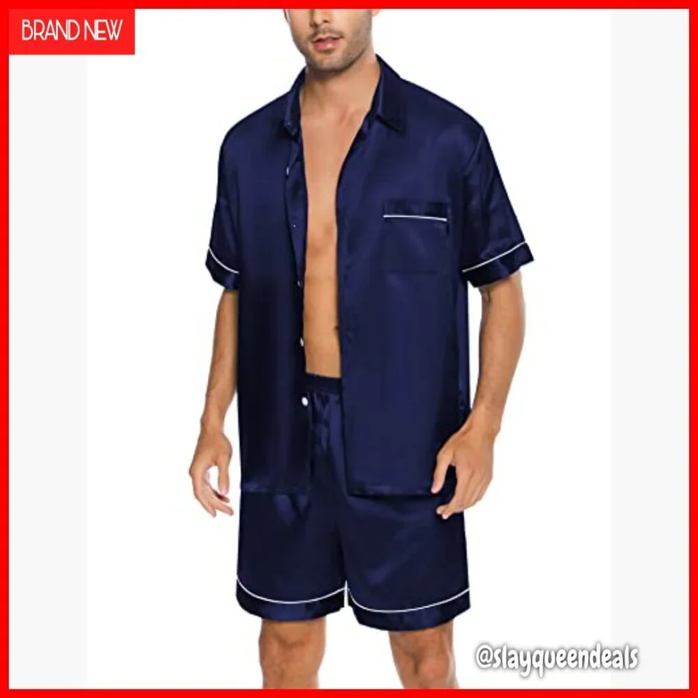 Men's Silk Satin Pajama Set Short Sleeve Button Down Sleepwear with Pockets
